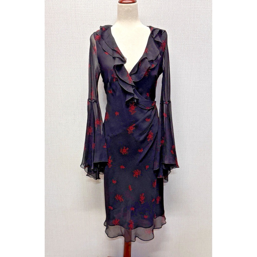 Express‎ Silk Floral Ruffle Dress Womens Black Red Excellent Whimsigoth Romantic